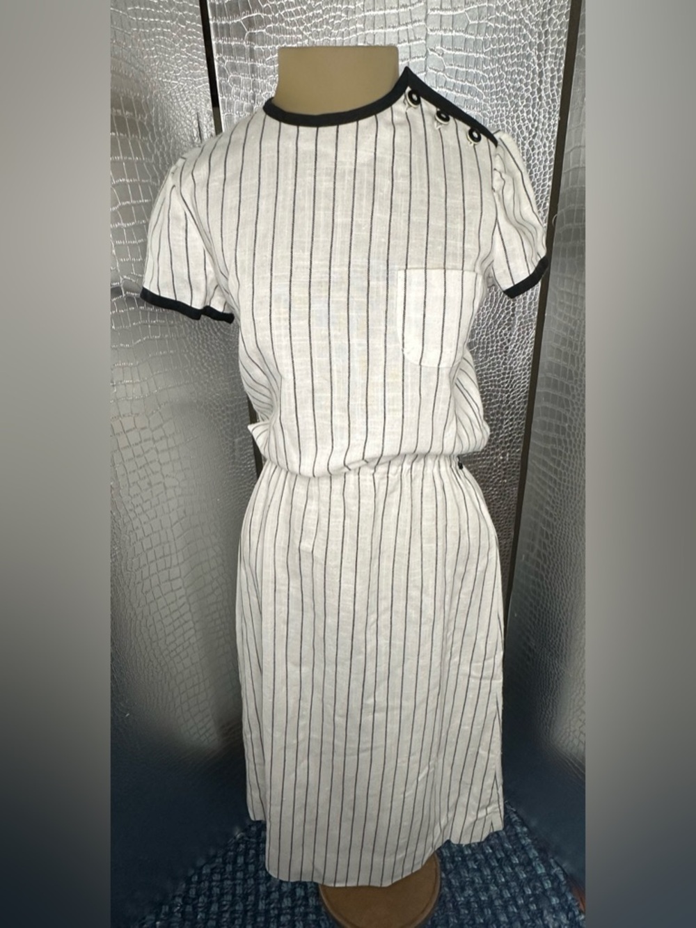 Striped Mini Dress with Contrast Trim - White/Black